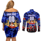 Personalized Bulldogs ANZAC Day Couples Matching Off Shoulder Short Dress and Long Sleeve Button Shirt Australian Army - Lest We Forget