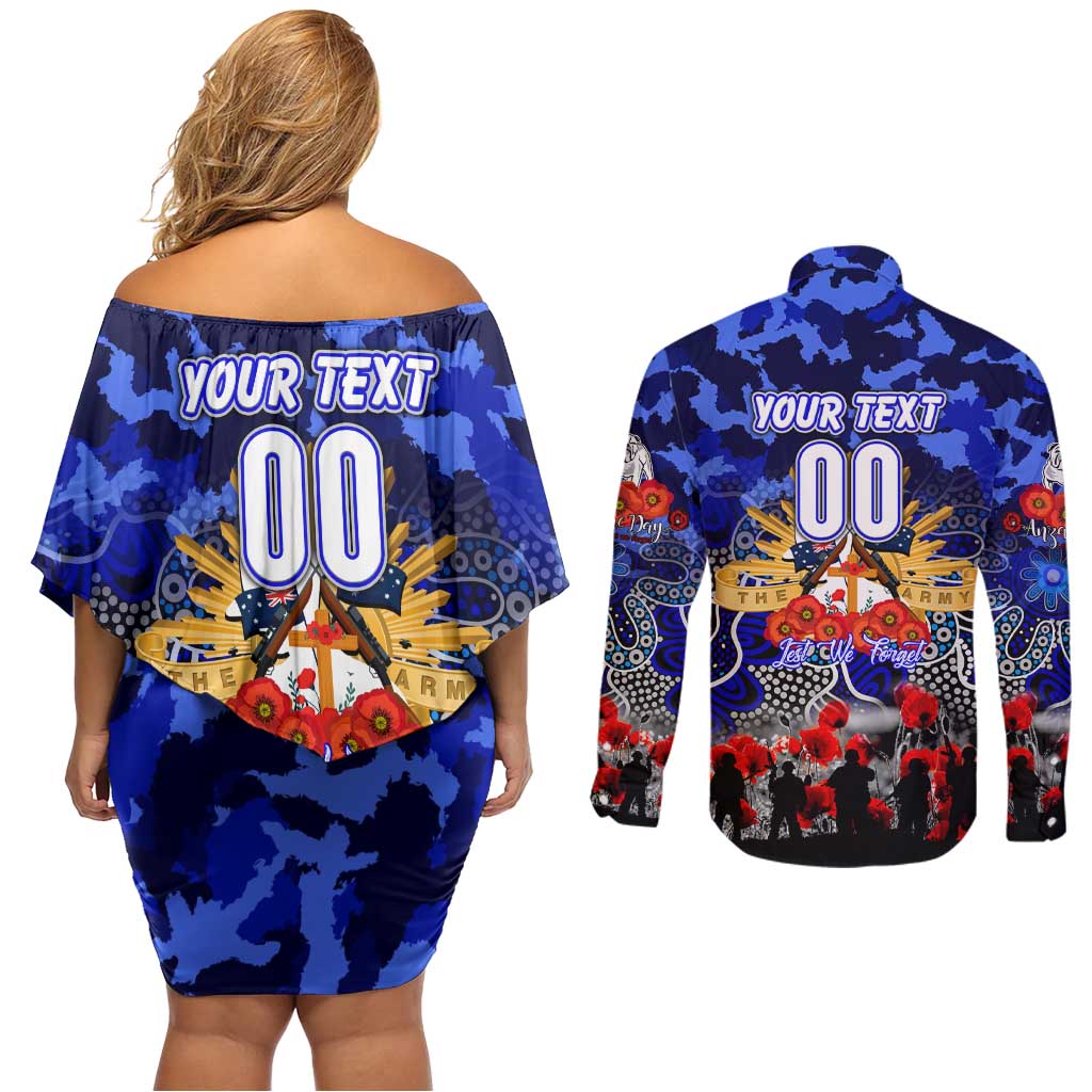 Personalized Bulldogs ANZAC Day Couples Matching Off Shoulder Short Dress and Long Sleeve Button Shirt Australian Army - Lest We Forget