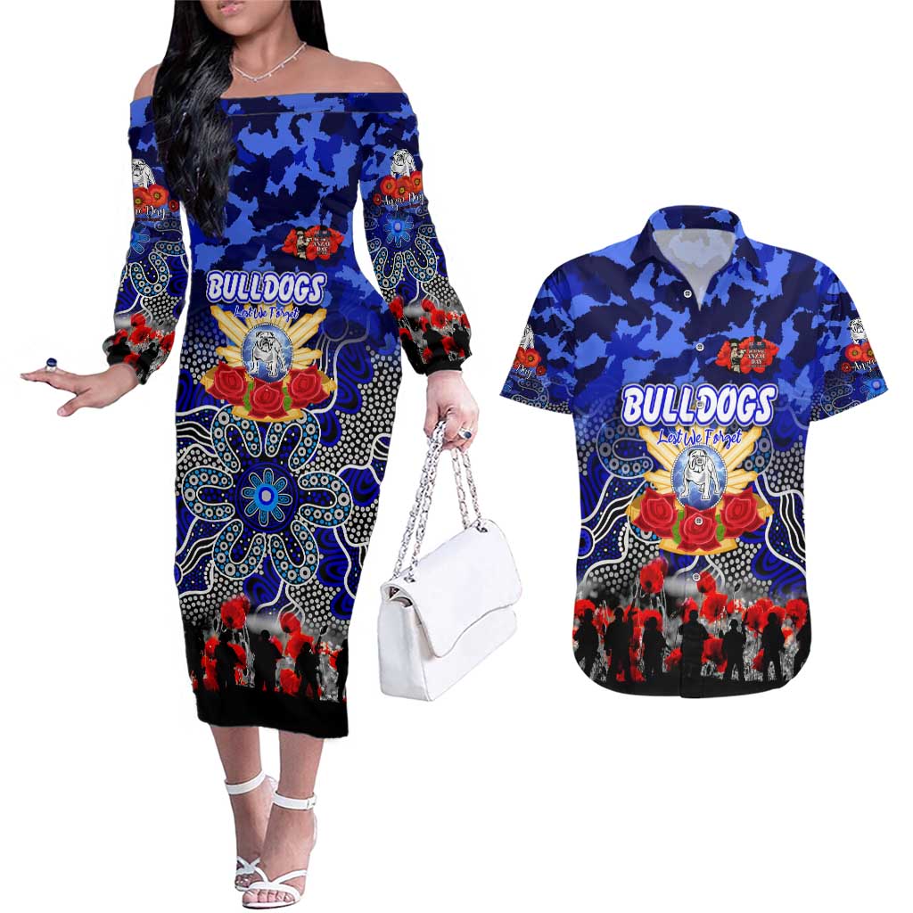 Personalized Bulldogs ANZAC Day Couples Matching Off The Shoulder Long Sleeve Dress and Hawaiian Shirt Australian Army - Lest We Forget