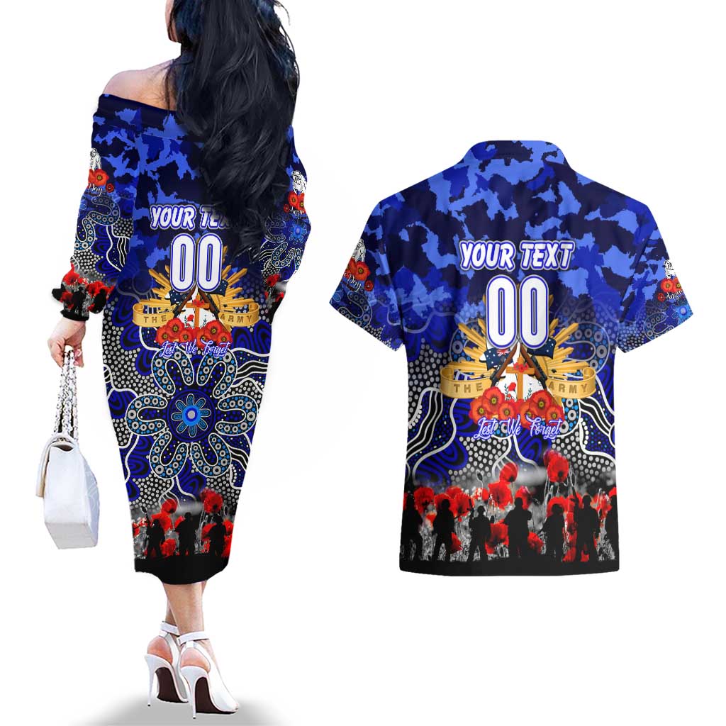 Personalized Bulldogs ANZAC Day Couples Matching Off The Shoulder Long Sleeve Dress and Hawaiian Shirt Australian Army - Lest We Forget