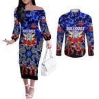 Personalized Bulldogs ANZAC Day Couples Matching Off The Shoulder Long Sleeve Dress and Long Sleeve Button Shirt Australian Army - Lest We Forget