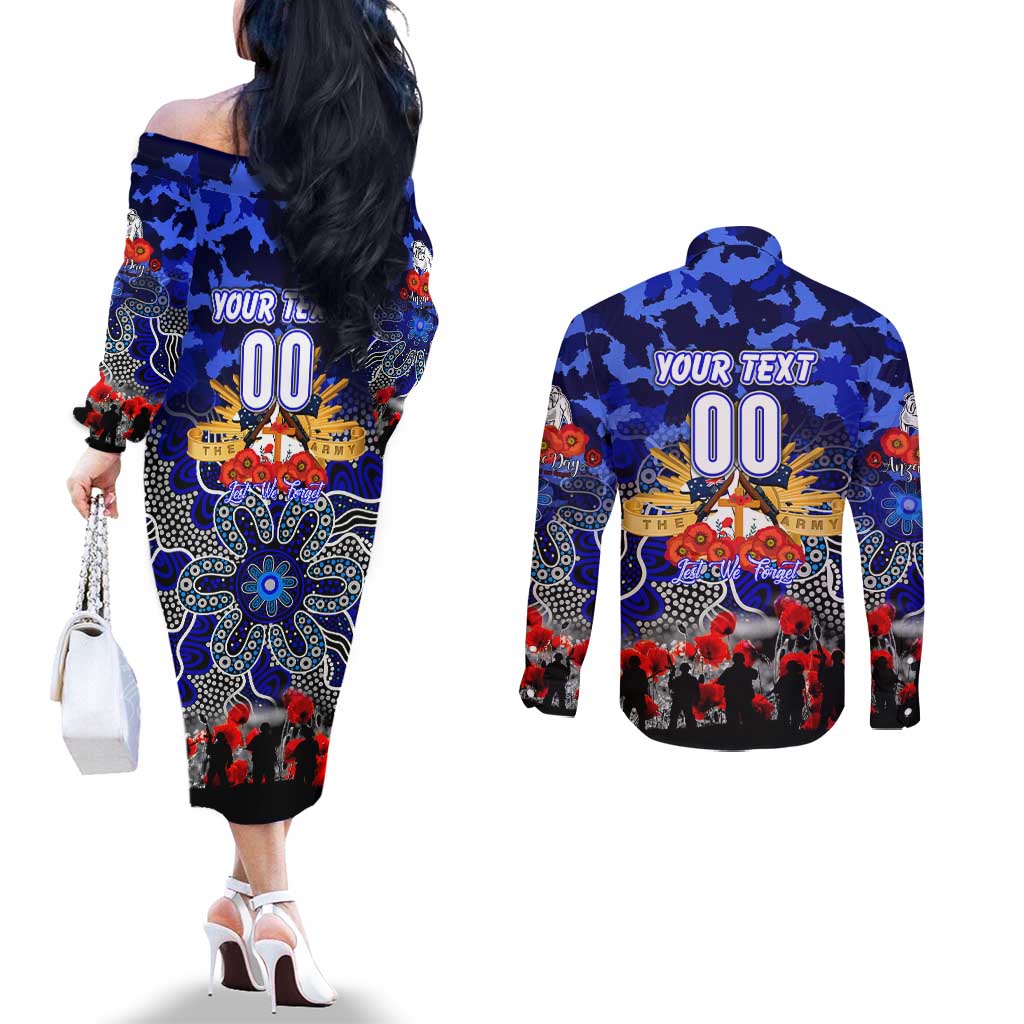 Personalized Bulldogs ANZAC Day Couples Matching Off The Shoulder Long Sleeve Dress and Long Sleeve Button Shirt Australian Army - Lest We Forget