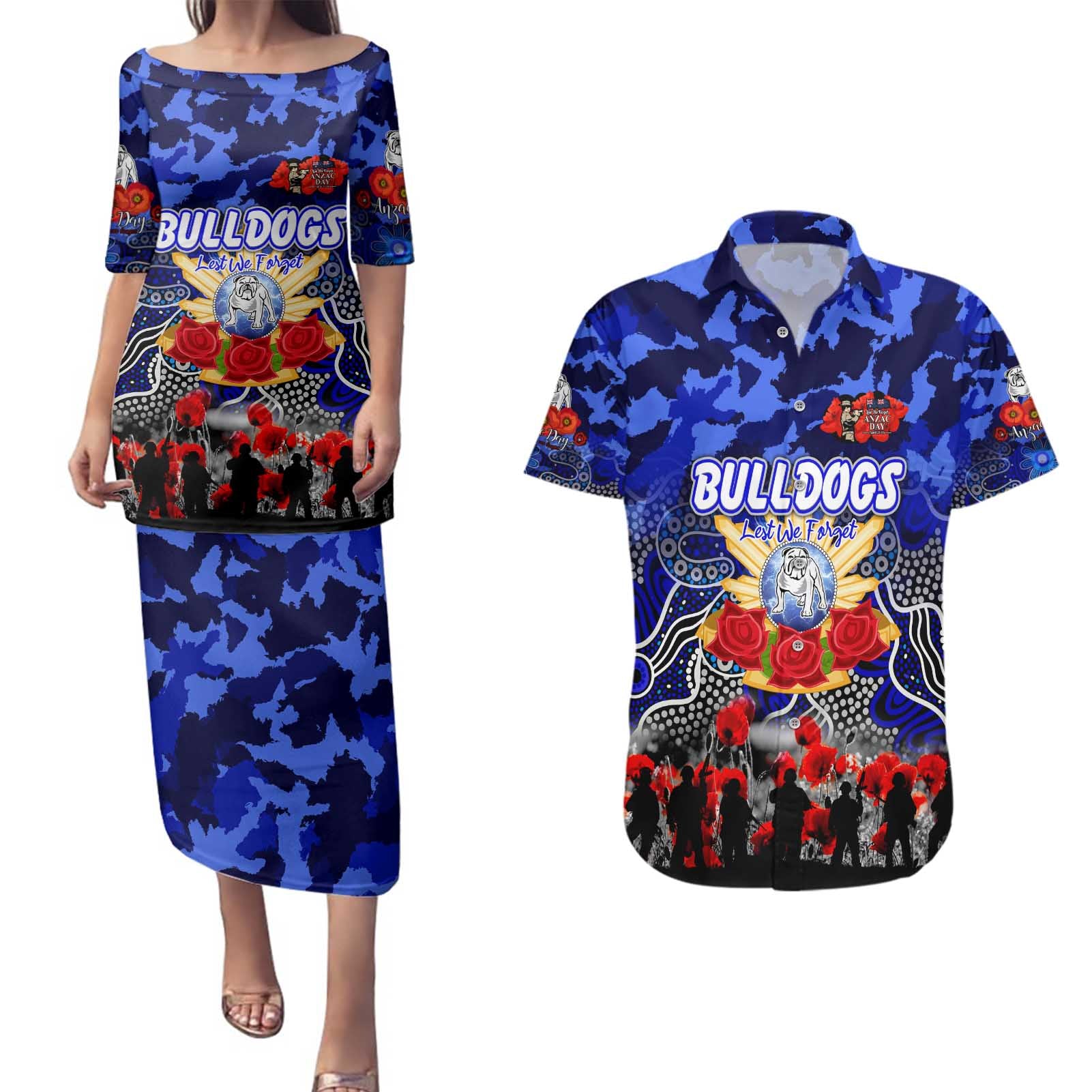 Personalized Bulldogs ANZAC Day Couples Matching Puletasi and Hawaiian Shirt Australian Army - Lest We Forget