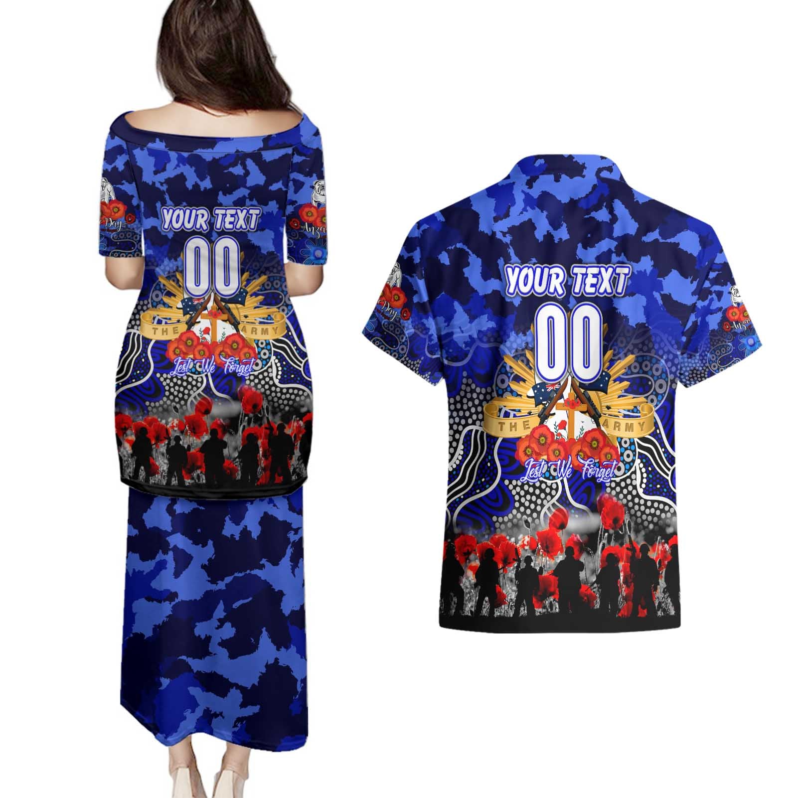 Personalized Bulldogs ANZAC Day Couples Matching Puletasi and Hawaiian Shirt Australian Army - Lest We Forget