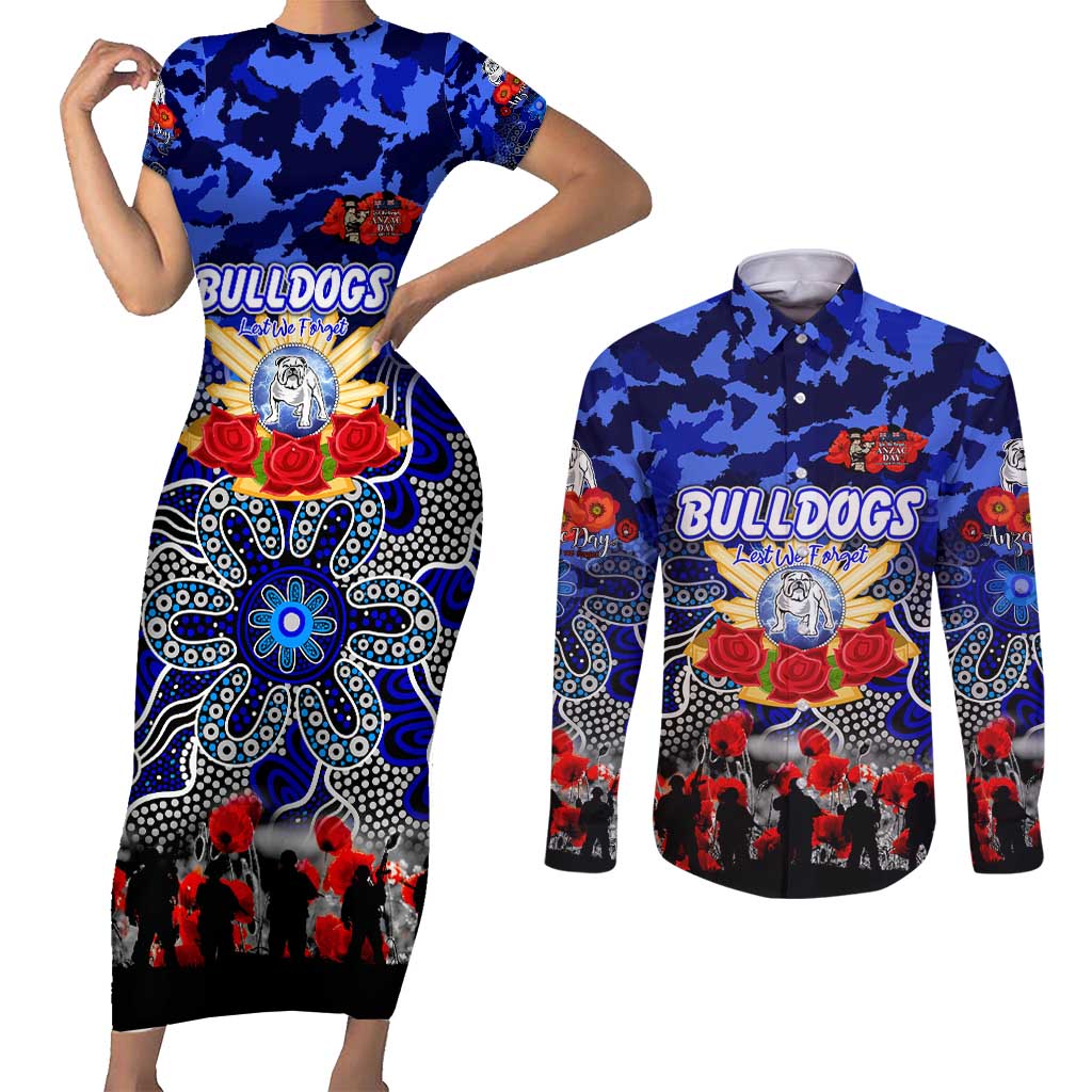 Personalized Bulldogs ANZAC Day Couples Matching Short Sleeve Bodycon Dress and Long Sleeve Button Shirt Australian Army - Lest We Forget
