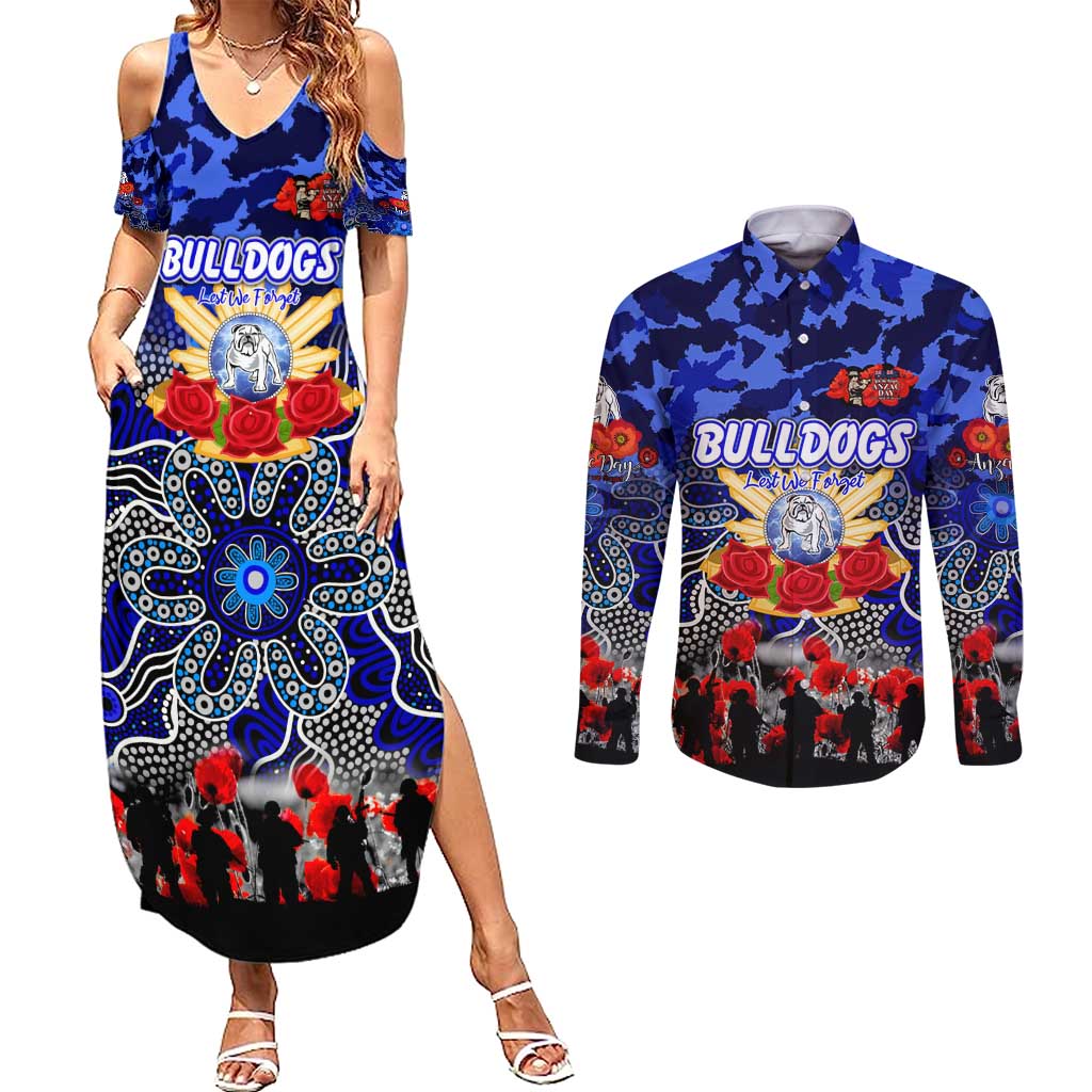 Personalized Bulldogs ANZAC Day Couples Matching Summer Maxi Dress and Long Sleeve Button Shirt Australian Army - Lest We Forget