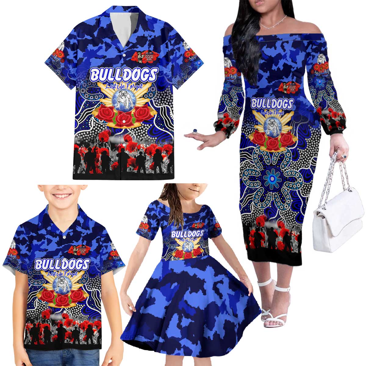 Personalized Bulldogs ANZAC Day Family Matching Off The Shoulder Long Sleeve Dress and Hawaiian Shirt Australian Army - Lest We Forget