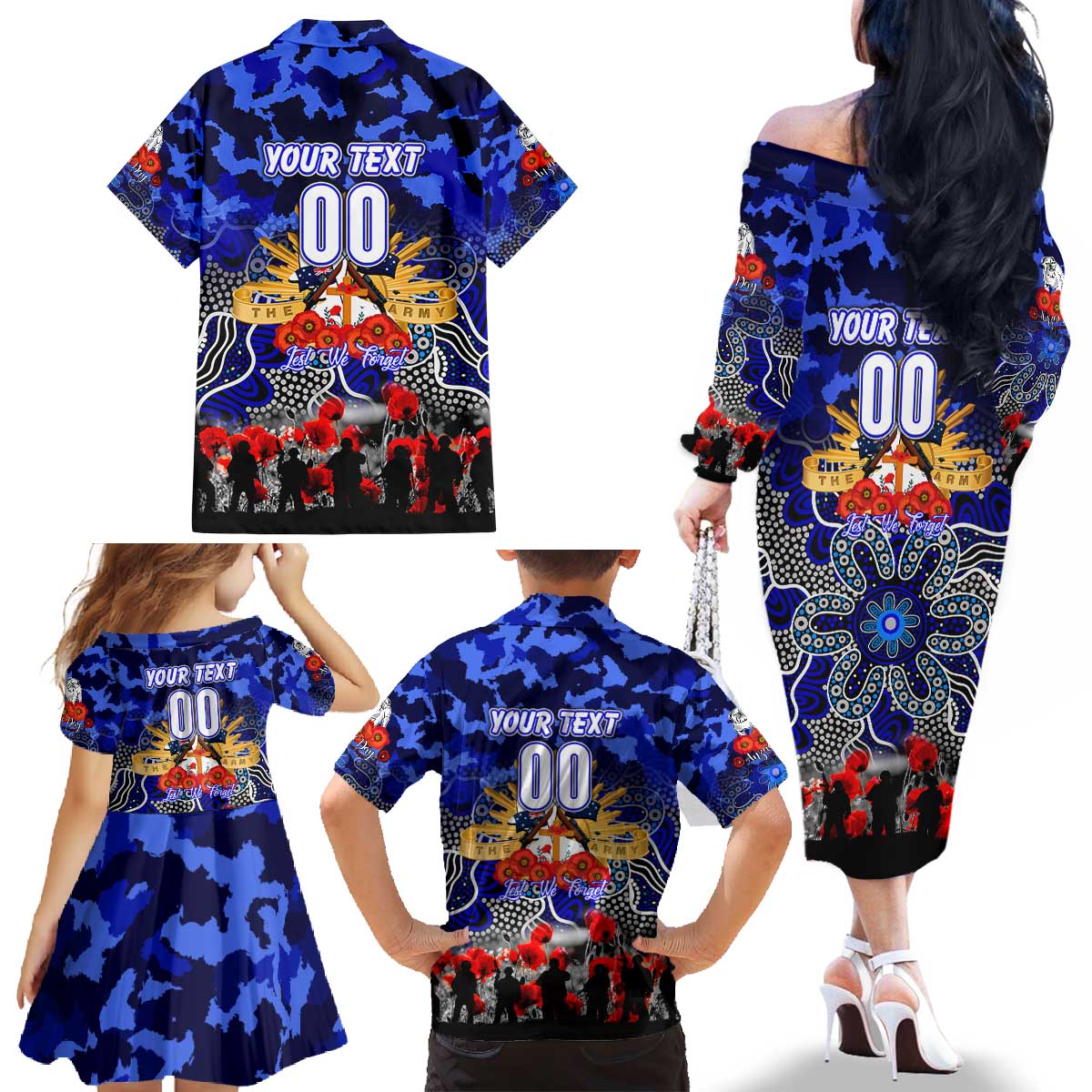 Personalized Bulldogs ANZAC Day Family Matching Off The Shoulder Long Sleeve Dress and Hawaiian Shirt Australian Army - Lest We Forget
