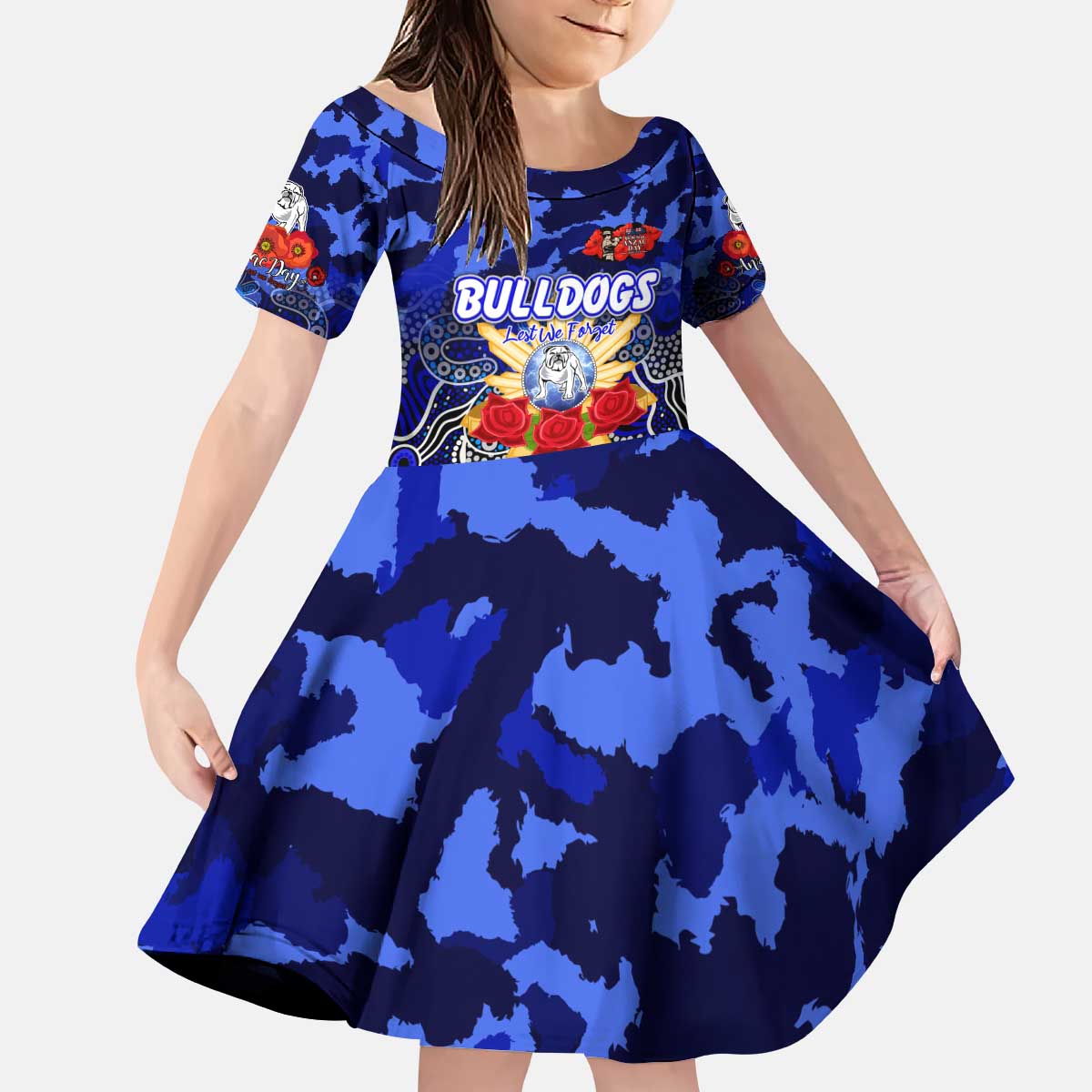 Personalized Bulldogs ANZAC Day Kid Short Sleeve Dress Australian Army - Lest We Forget