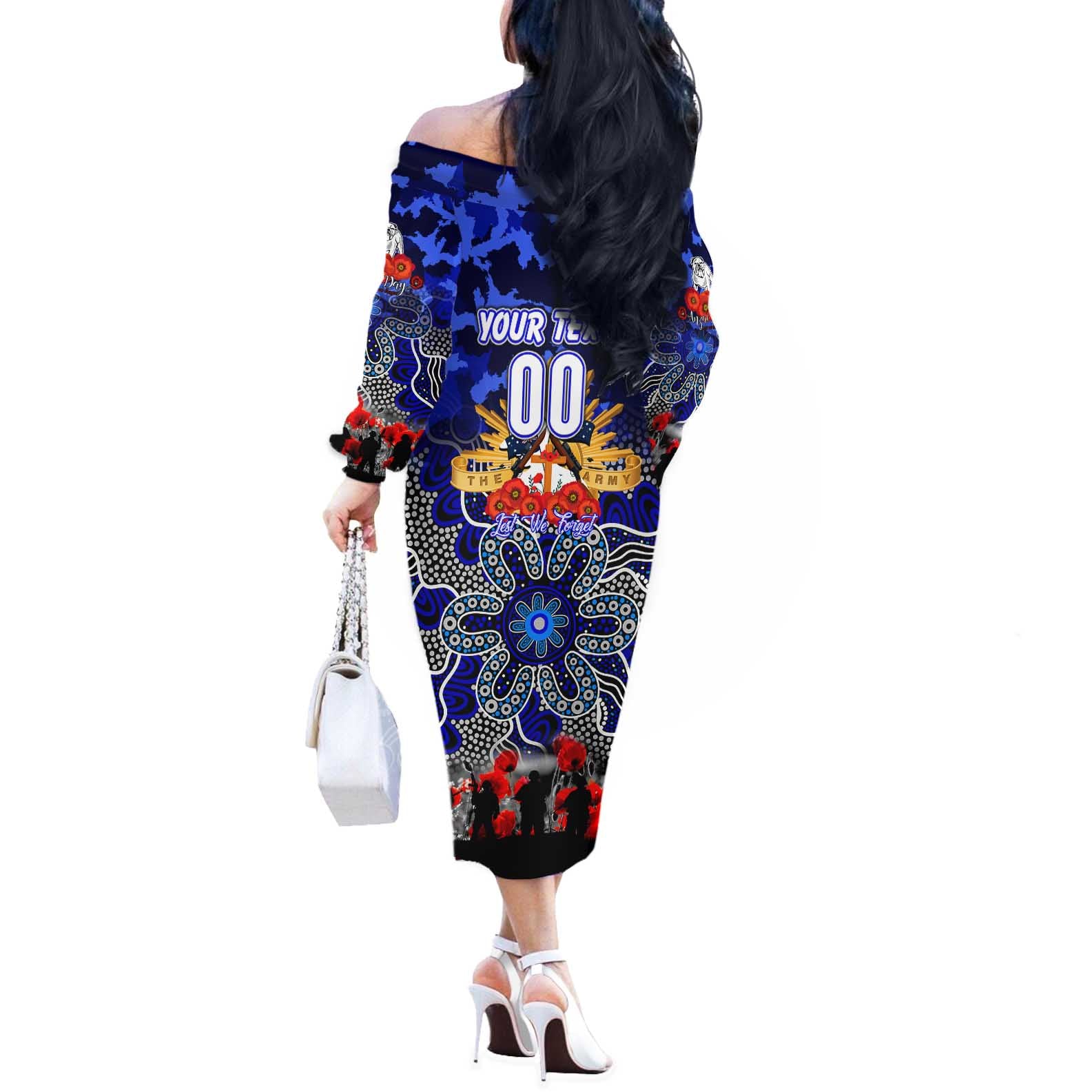 Personalized Bulldogs ANZAC Day Off The Shoulder Long Sleeve Dress Australian Army - Lest We Forget