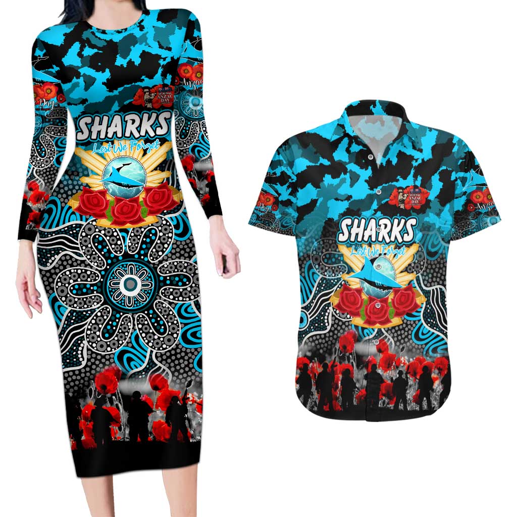 Personalized Sharks ANZAC Day Couples Matching Long Sleeve Bodycon Dress and Hawaiian Shirt Australian Army - Lest We Forget