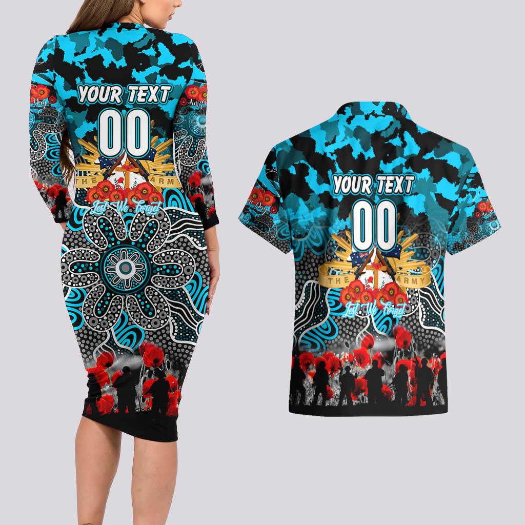 Personalized Sharks ANZAC Day Couples Matching Long Sleeve Bodycon Dress and Hawaiian Shirt Australian Army - Lest We Forget