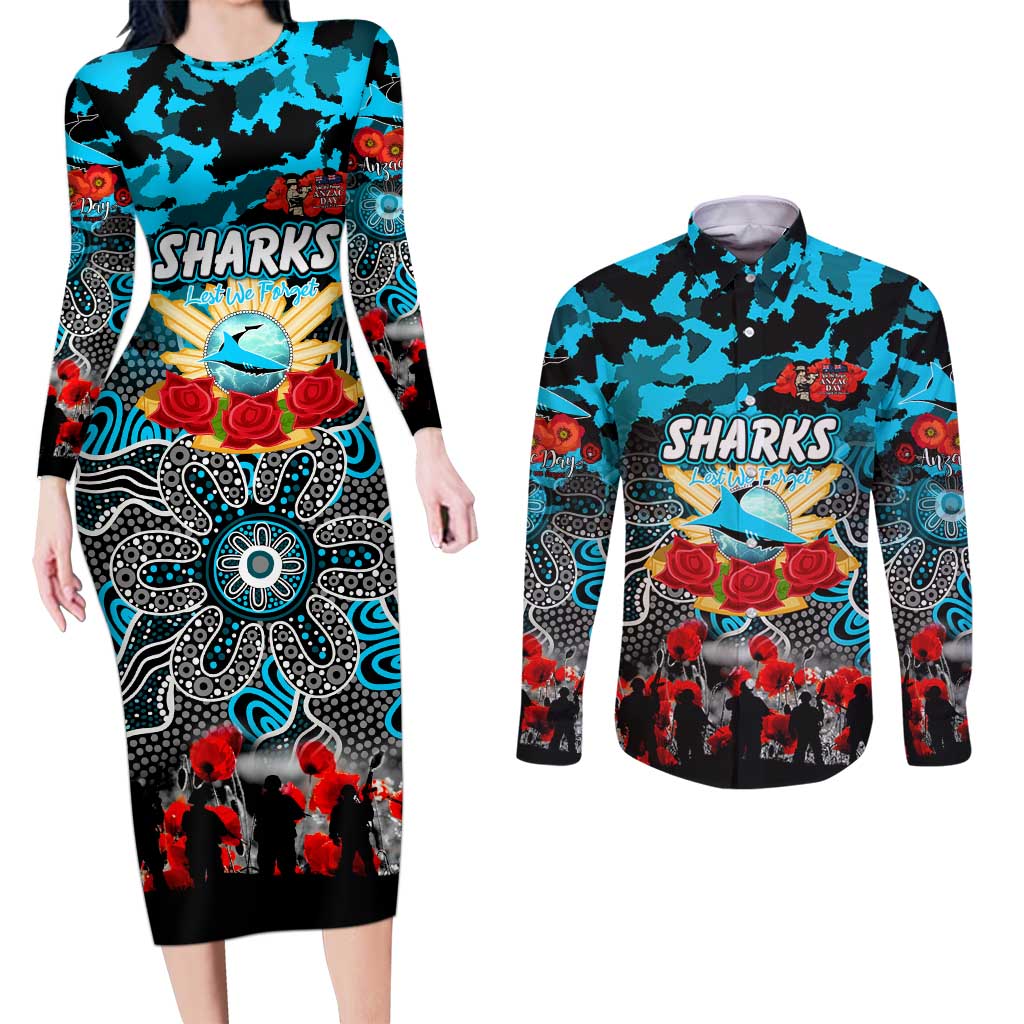 Personalized Sharks ANZAC Day Couples Matching Long Sleeve Bodycon Dress and Long Sleeve Button Shirt Australian Army - Lest We Forget