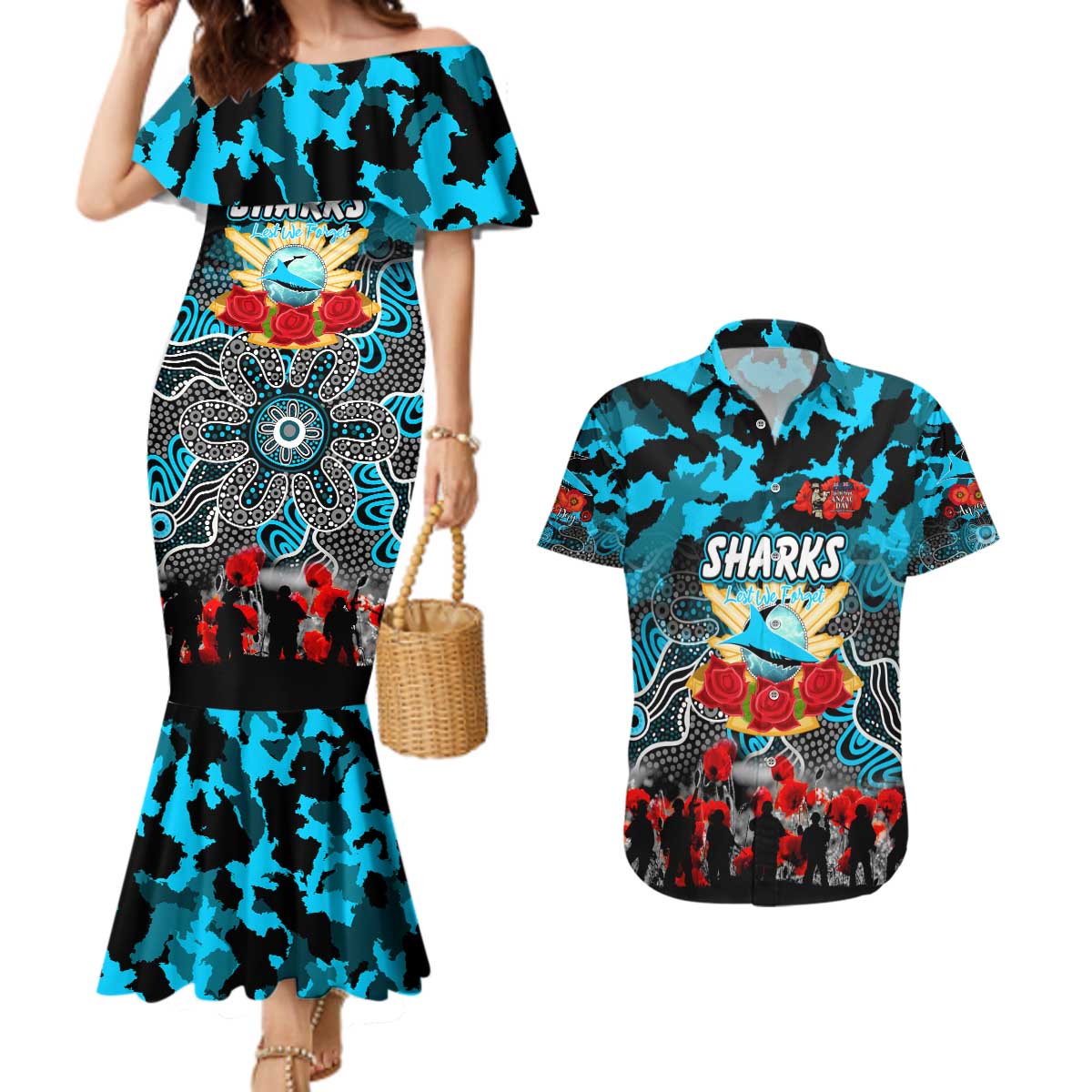 Personalized Sharks ANZAC Day Couples Matching Mermaid Dress and Hawaiian Shirt Australian Army - Lest We Forget