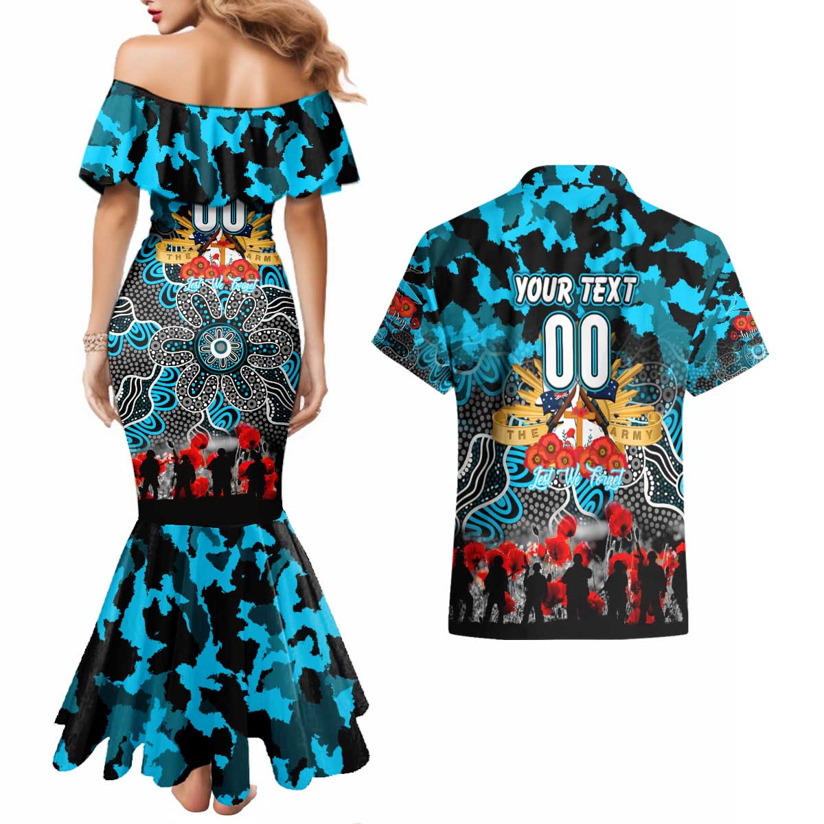 Personalized Sharks ANZAC Day Couples Matching Mermaid Dress and Hawaiian Shirt Australian Army - Lest We Forget