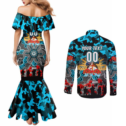 Personalized Sharks ANZAC Day Couples Matching Mermaid Dress and Long Sleeve Button Shirt Australian Army - Lest We Forget