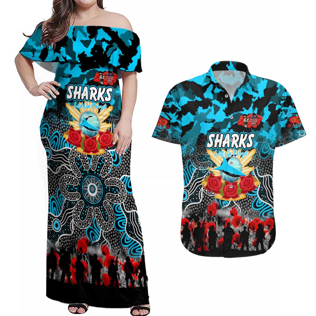 Personalized Sharks ANZAC Day Couples Matching Off Shoulder Maxi Dress and Hawaiian Shirt Australian Army - Lest We Forget