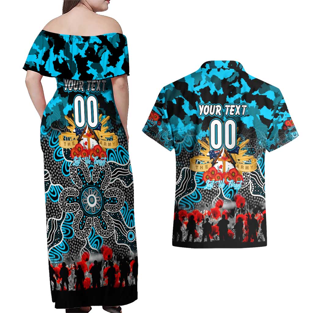 Personalized Sharks ANZAC Day Couples Matching Off Shoulder Maxi Dress and Hawaiian Shirt Australian Army - Lest We Forget