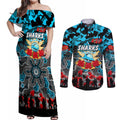 Personalized Sharks ANZAC Day Couples Matching Off Shoulder Maxi Dress and Long Sleeve Button Shirt Australian Army - Lest We Forget