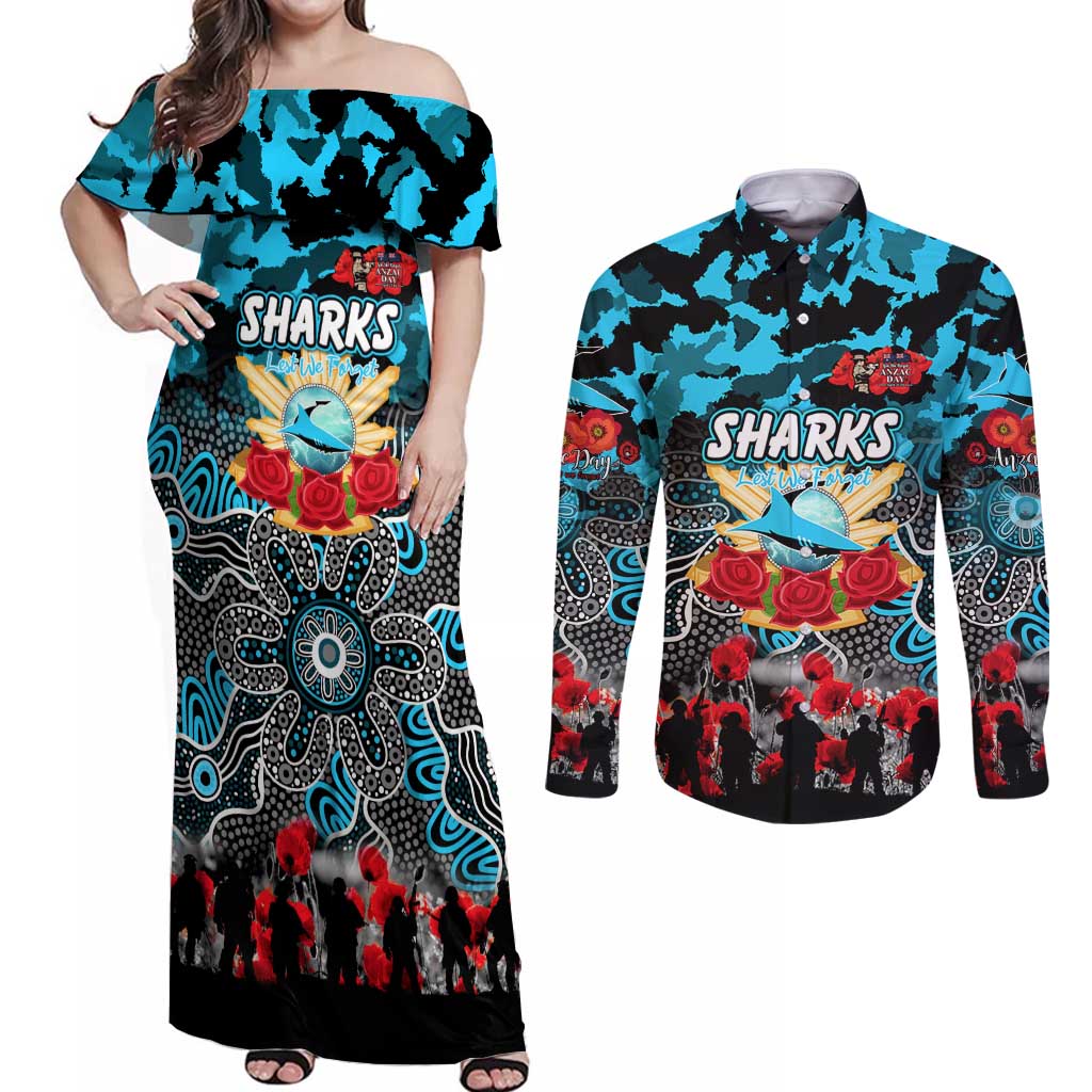 Personalized Sharks ANZAC Day Couples Matching Off Shoulder Maxi Dress and Long Sleeve Button Shirt Australian Army - Lest We Forget