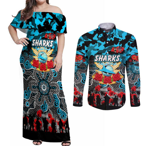 Personalized Sharks ANZAC Day Couples Matching Off Shoulder Maxi Dress and Long Sleeve Button Shirt Australian Army - Lest We Forget