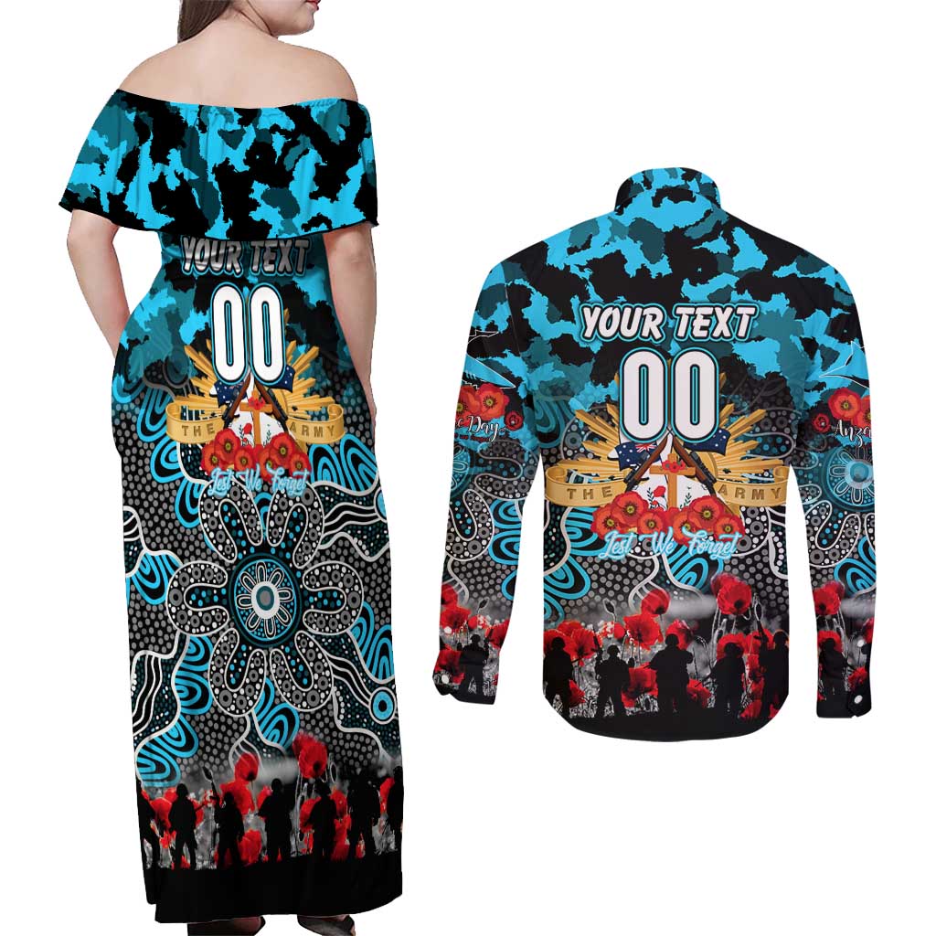 Personalized Sharks ANZAC Day Couples Matching Off Shoulder Maxi Dress and Long Sleeve Button Shirt Australian Army - Lest We Forget
