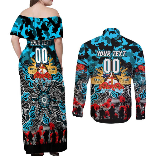 Personalized Sharks ANZAC Day Couples Matching Off Shoulder Maxi Dress and Long Sleeve Button Shirt Australian Army - Lest We Forget
