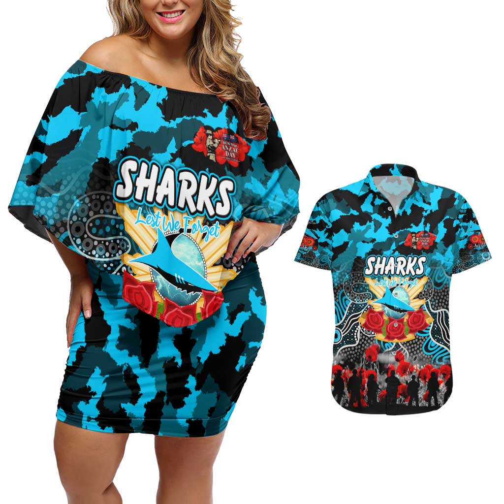 Personalized Sharks ANZAC Day Couples Matching Off Shoulder Short Dress and Hawaiian Shirt Australian Army - Lest We Forget