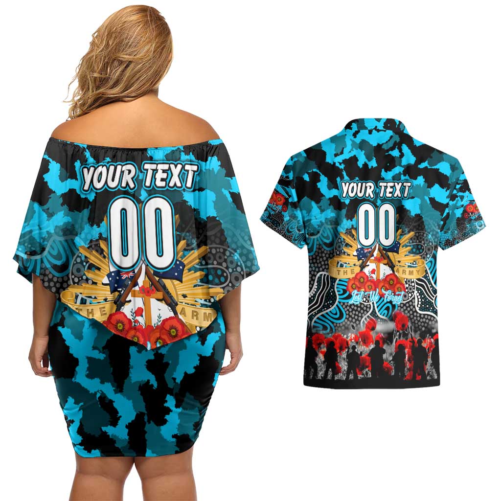Personalized Sharks ANZAC Day Couples Matching Off Shoulder Short Dress and Hawaiian Shirt Australian Army - Lest We Forget