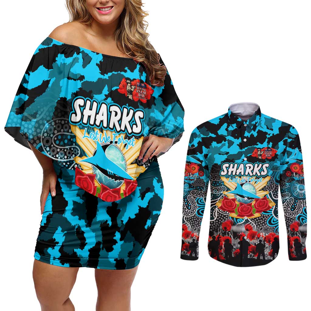 Personalized Sharks ANZAC Day Couples Matching Off Shoulder Short Dress and Long Sleeve Button Shirt Australian Army - Lest We Forget