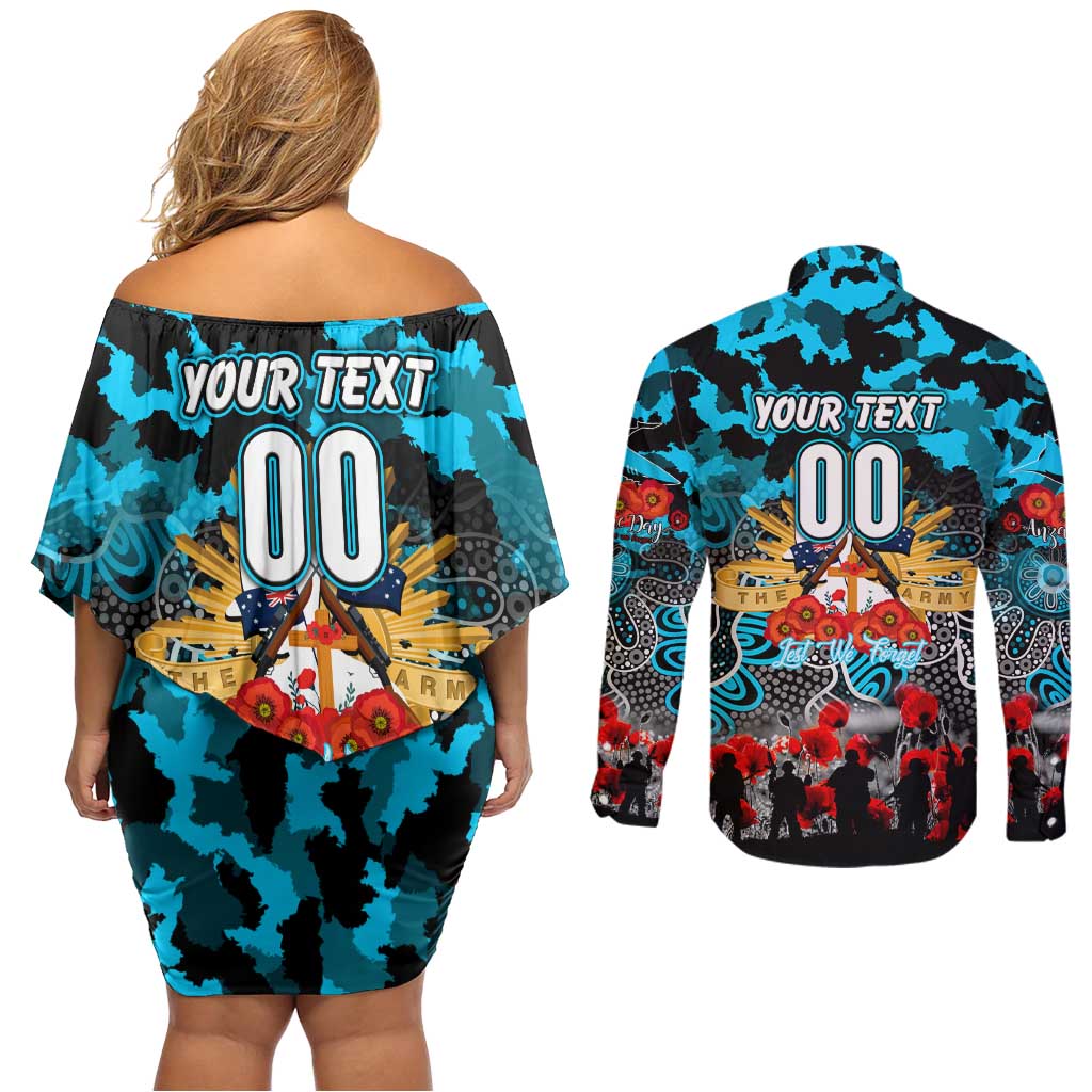 Personalized Sharks ANZAC Day Couples Matching Off Shoulder Short Dress and Long Sleeve Button Shirt Australian Army - Lest We Forget