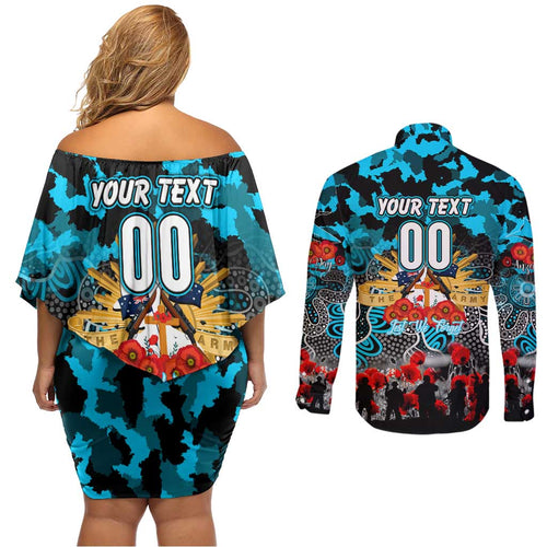 Personalized Sharks ANZAC Day Couples Matching Off Shoulder Short Dress and Long Sleeve Button Shirt Australian Army - Lest We Forget
