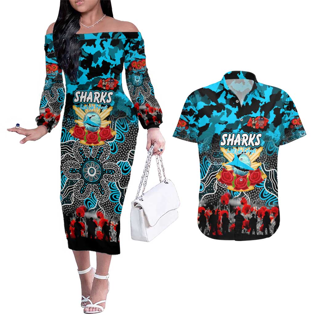 Personalized Sharks ANZAC Day Couples Matching Off The Shoulder Long Sleeve Dress and Hawaiian Shirt Australian Army - Lest We Forget