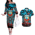 Personalized Sharks ANZAC Day Couples Matching Off The Shoulder Long Sleeve Dress and Hawaiian Shirt Australian Army - Lest We Forget