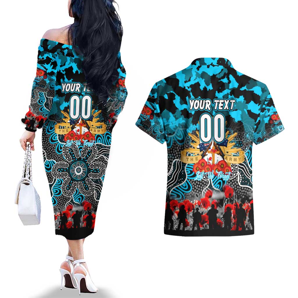 Personalized Sharks ANZAC Day Couples Matching Off The Shoulder Long Sleeve Dress and Hawaiian Shirt Australian Army - Lest We Forget