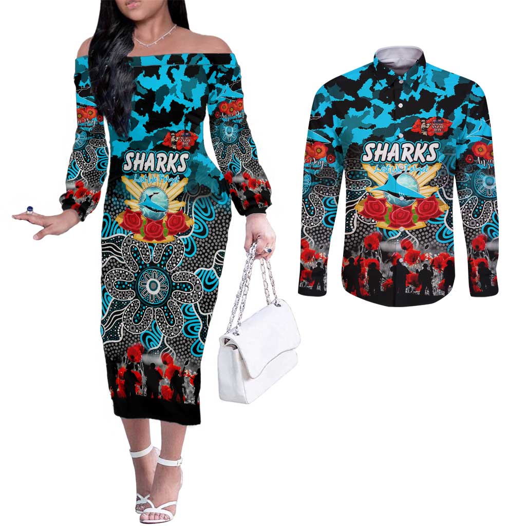 Personalized Sharks ANZAC Day Couples Matching Off The Shoulder Long Sleeve Dress and Long Sleeve Button Shirt Australian Army - Lest We Forget