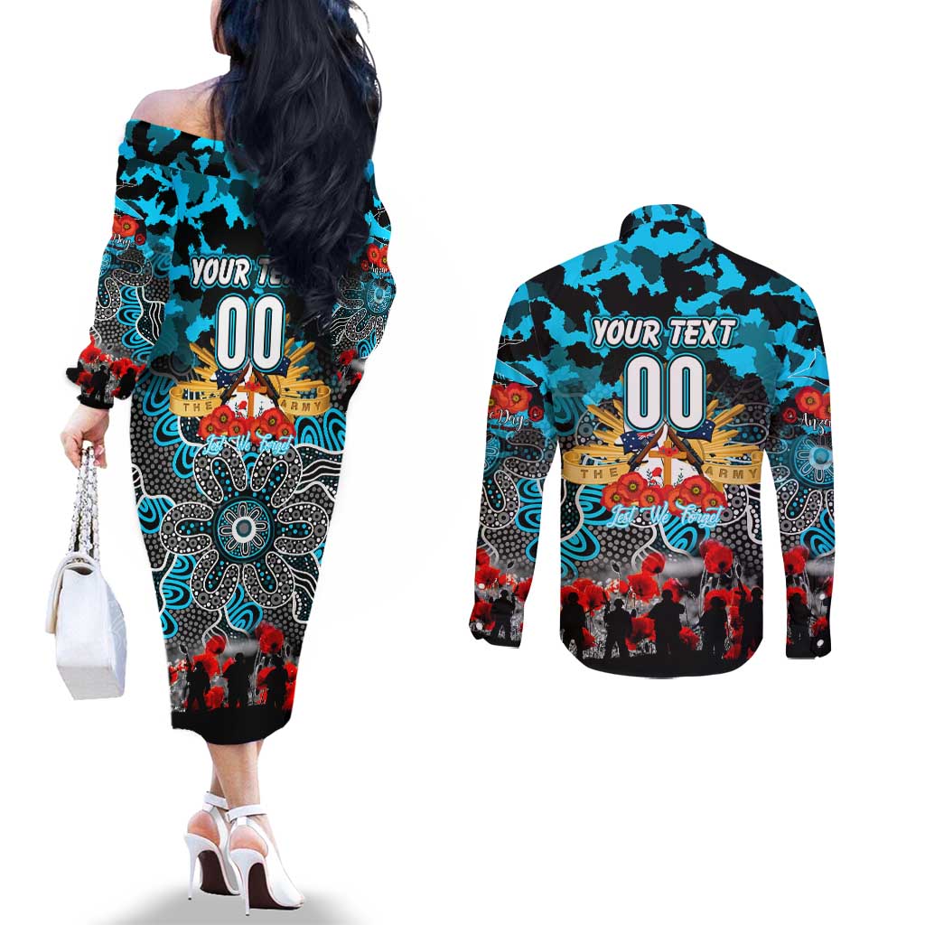 Personalized Sharks ANZAC Day Couples Matching Off The Shoulder Long Sleeve Dress and Long Sleeve Button Shirt Australian Army - Lest We Forget