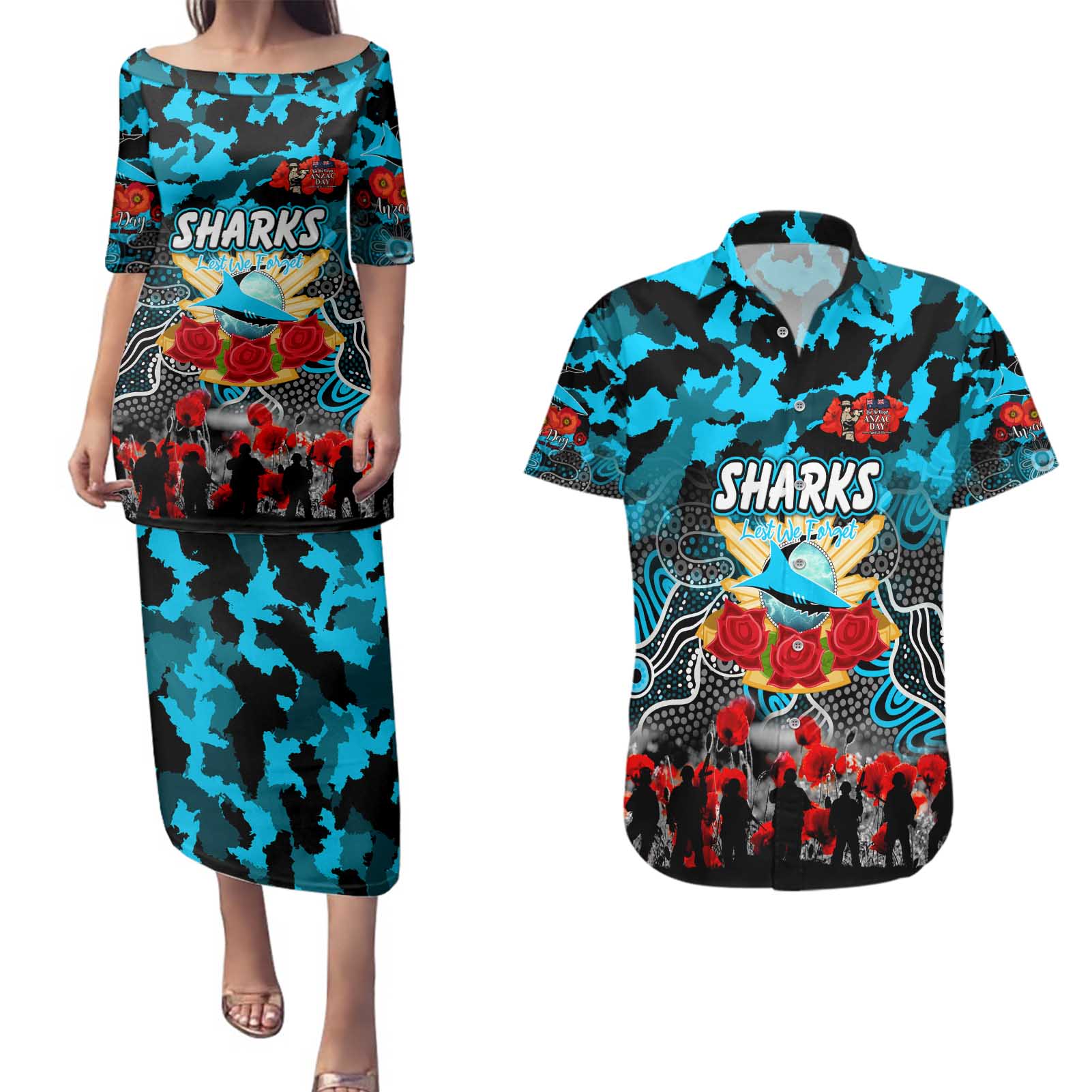 Personalized Sharks ANZAC Day Couples Matching Puletasi and Hawaiian Shirt Australian Army - Lest We Forget