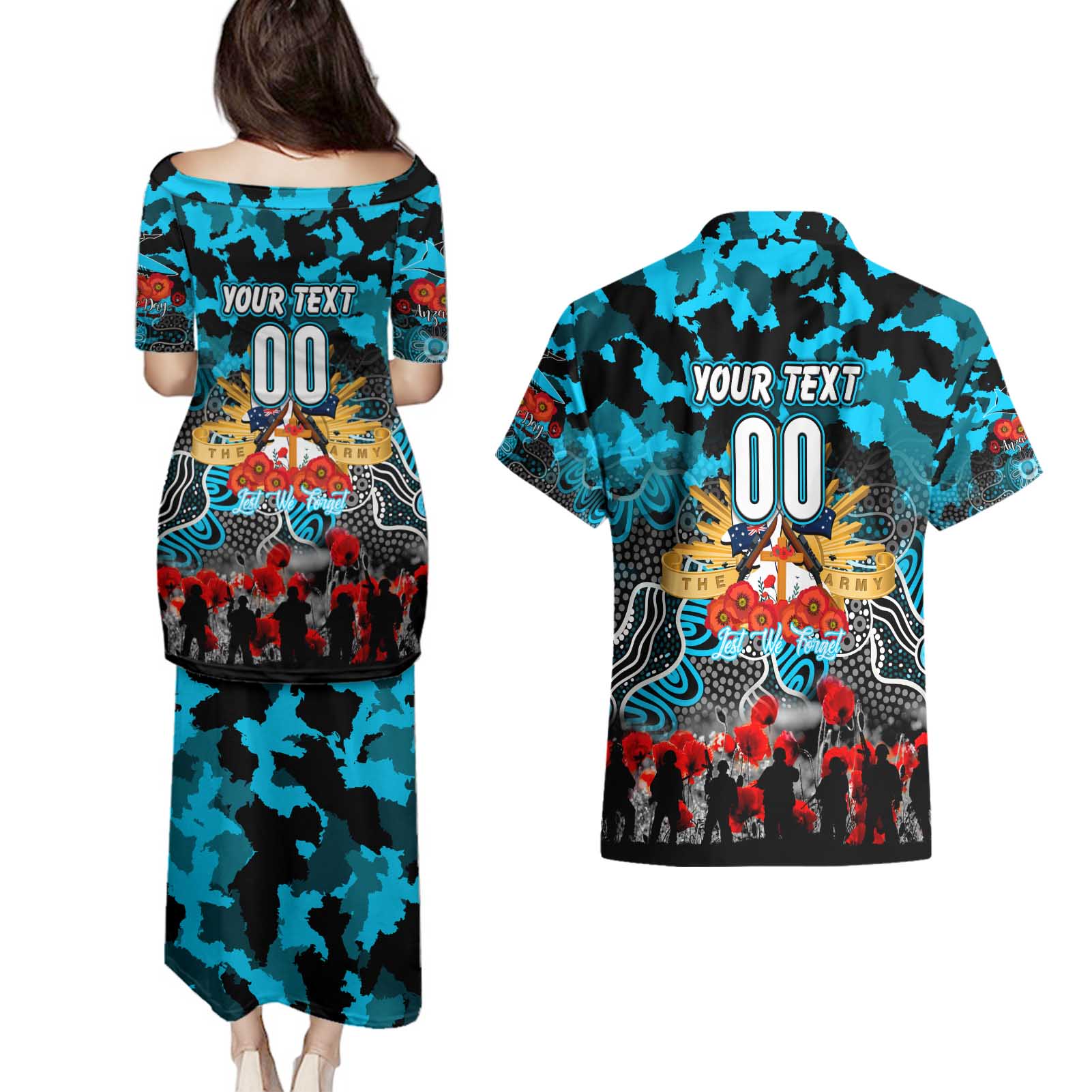 Personalized Sharks ANZAC Day Couples Matching Puletasi and Hawaiian Shirt Australian Army - Lest We Forget