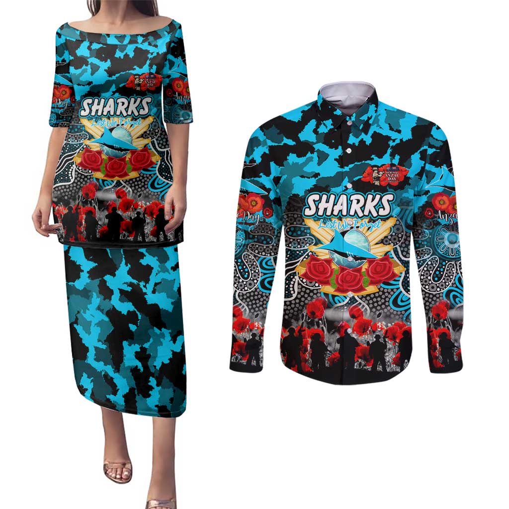 Personalized Sharks ANZAC Day Couples Matching Puletasi and Long Sleeve Button Shirt Australian Army - Lest We Forget