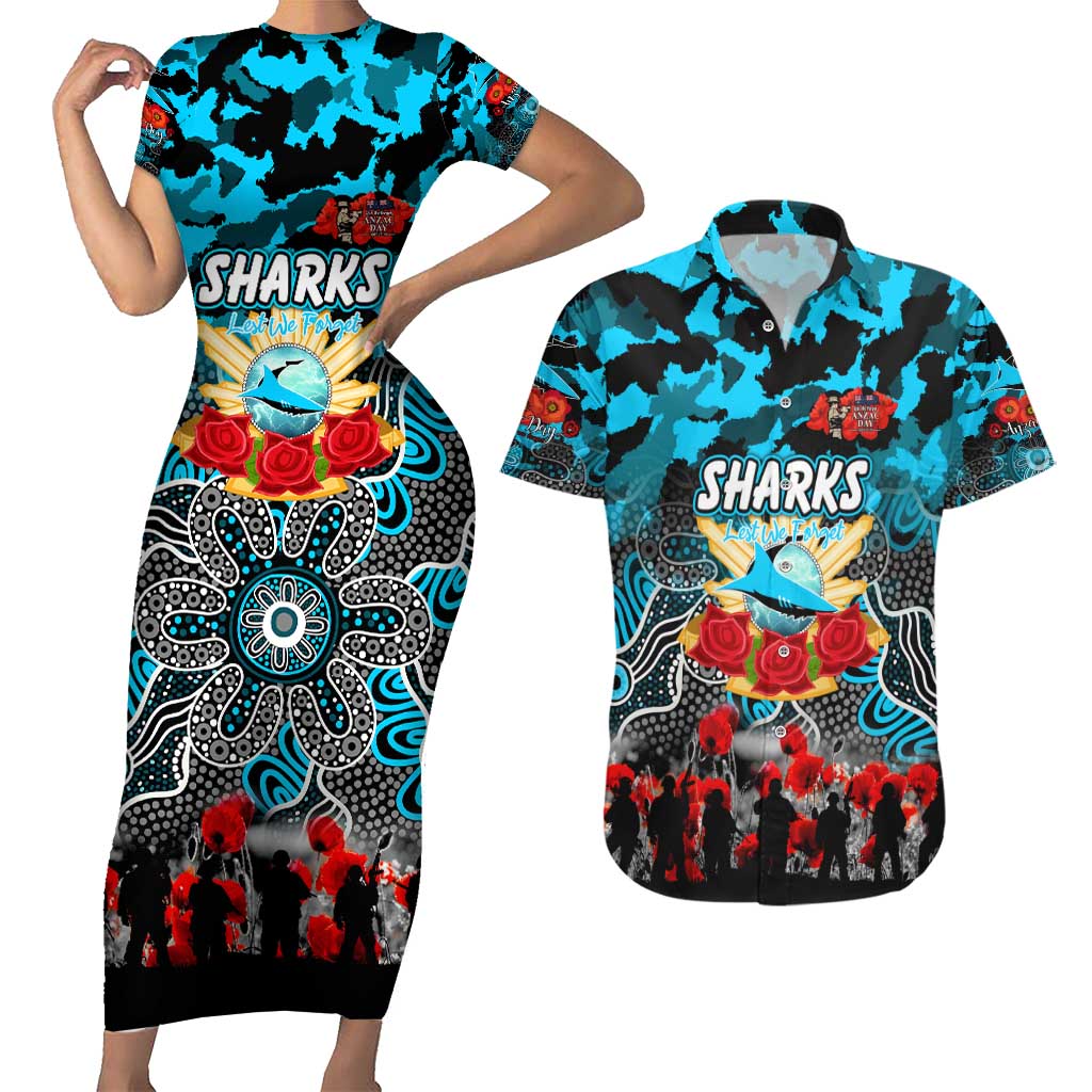 Personalized Sharks ANZAC Day Couples Matching Short Sleeve Bodycon Dress and Hawaiian Shirt Australian Army - Lest We Forget