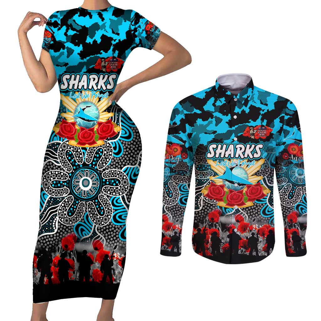 Personalized Sharks ANZAC Day Couples Matching Short Sleeve Bodycon Dress and Long Sleeve Button Shirt Australian Army - Lest We Forget