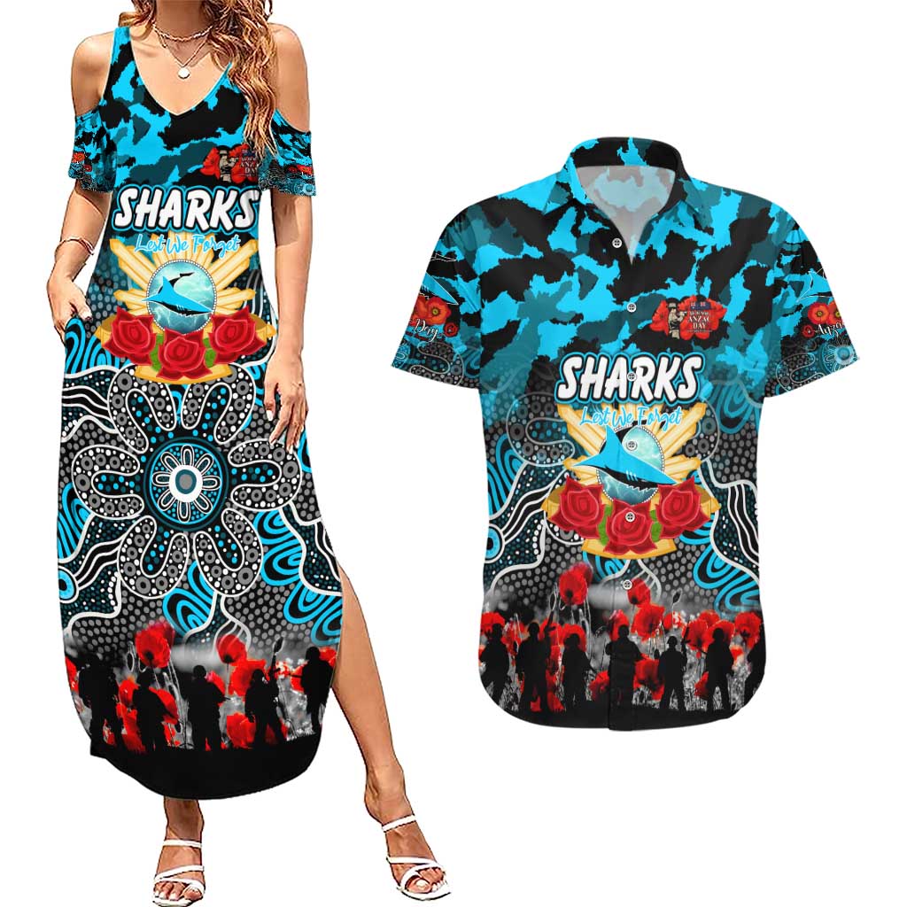 Personalized Sharks ANZAC Day Couples Matching Summer Maxi Dress and Hawaiian Shirt Australian Army - Lest We Forget