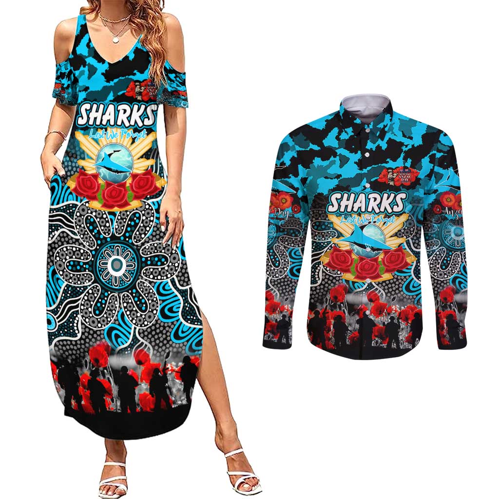 Personalized Sharks ANZAC Day Couples Matching Summer Maxi Dress and Long Sleeve Button Shirt Australian Army - Lest We Forget