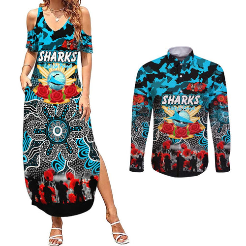 Personalized Sharks ANZAC Day Couples Matching Summer Maxi Dress and Long Sleeve Button Shirt Australian Army - Lest We Forget