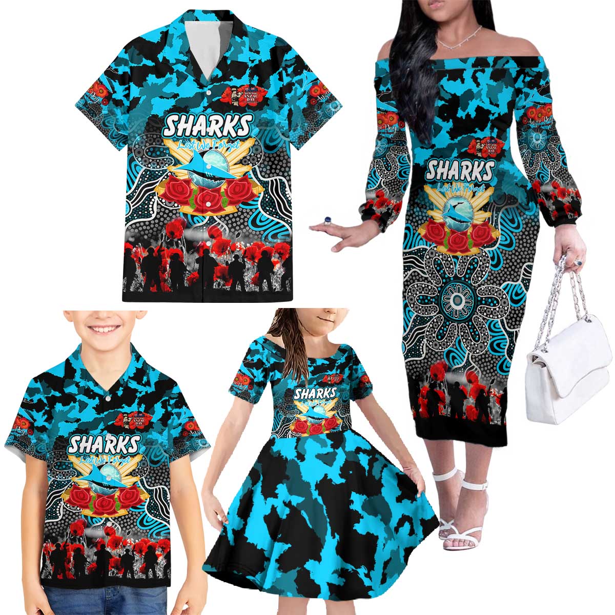 Personalized Sharks ANZAC Day Family Matching Off The Shoulder Long Sleeve Dress and Hawaiian Shirt Australian Army - Lest We Forget
