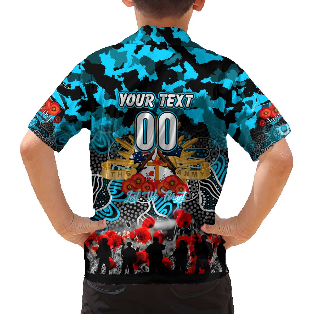 Personalized Sharks ANZAC Day Family Matching Off The Shoulder Long Sleeve Dress and Hawaiian Shirt Australian Army - Lest We Forget