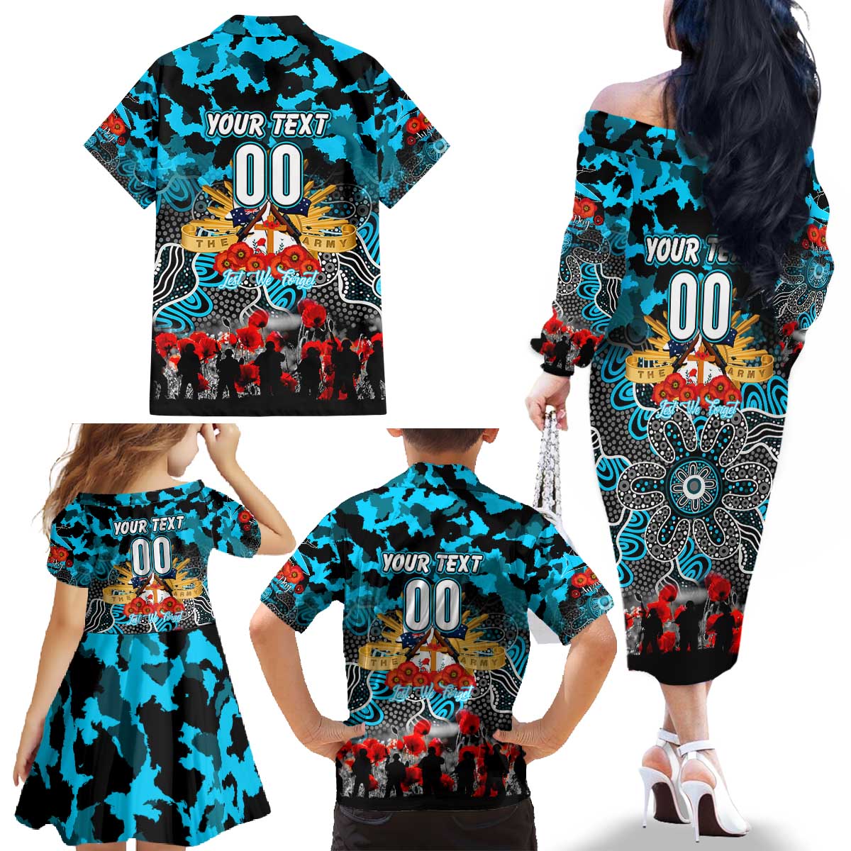 Personalized Sharks ANZAC Day Family Matching Off The Shoulder Long Sleeve Dress and Hawaiian Shirt Australian Army - Lest We Forget