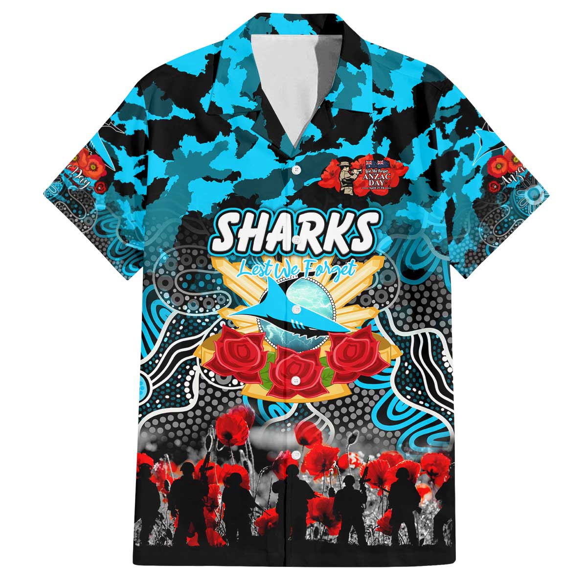 Personalized Sharks ANZAC Day Family Matching Off The Shoulder Long Sleeve Dress and Hawaiian Shirt Australian Army - Lest We Forget