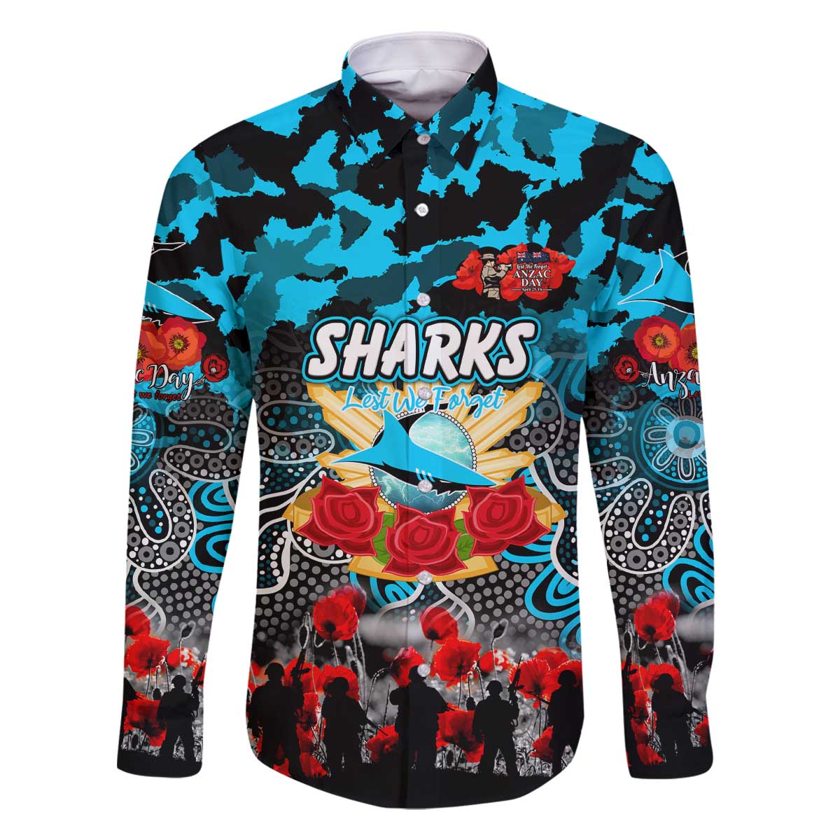 Personalized Sharks ANZAC Day Family Matching Off The Shoulder Long Sleeve Dress and Hawaiian Shirt Australian Army - Lest We Forget